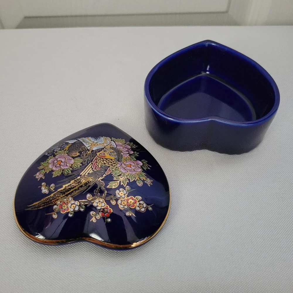 Vintage Dark Blue Porcelain Heart Shaped Trinket Box Japan